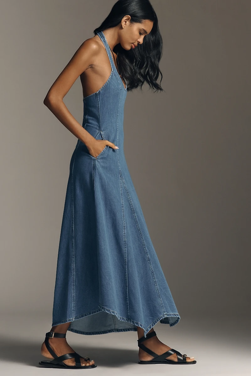 SOVERE Elodie Halter-Neck Denim Maxi Dress