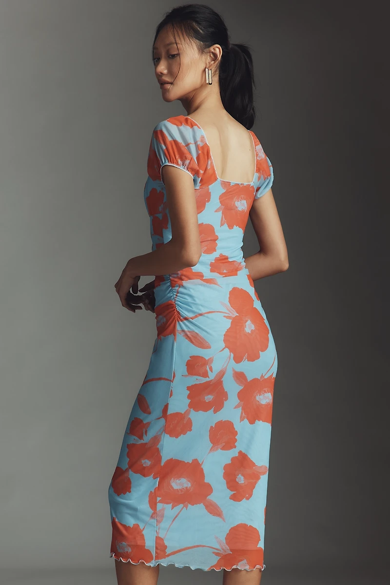 Maeve Puff-Sleeve Square-Neck Mesh Midi Dress