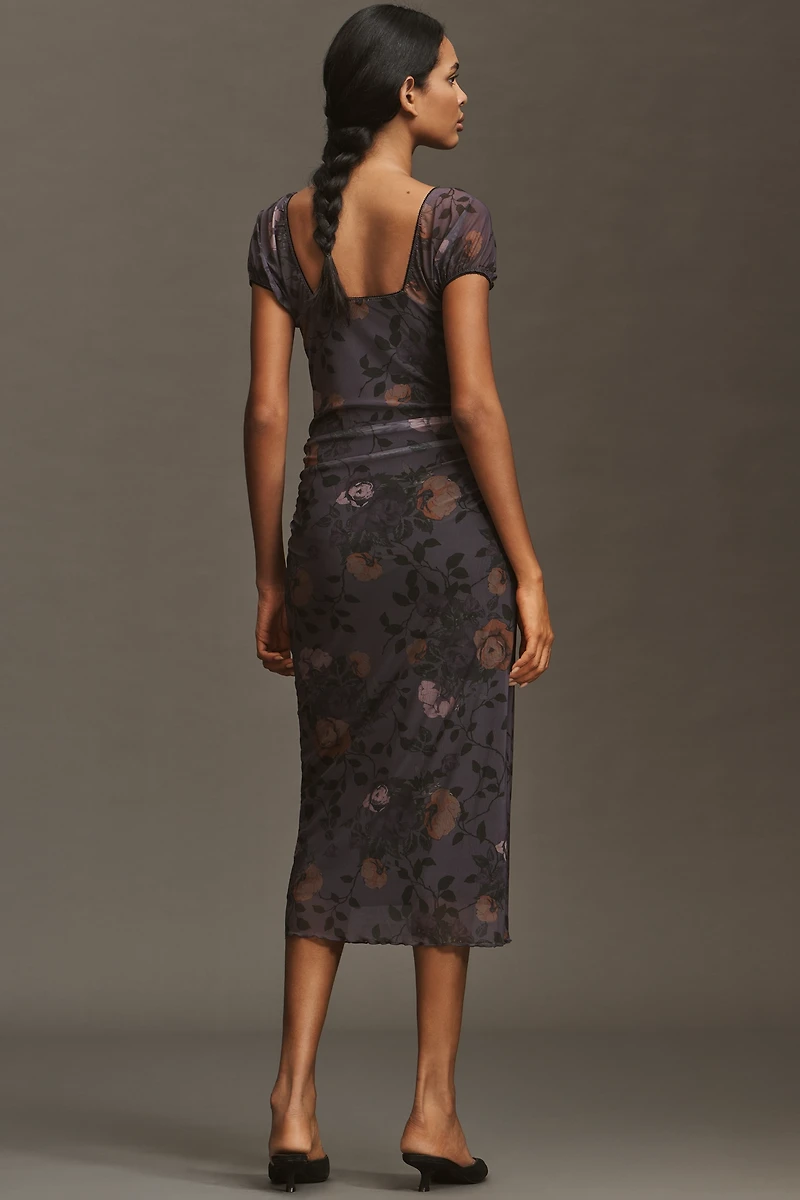 Maeve Puff-Sleeve Square-Neck Mesh Midi Dress