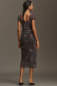 Maeve Puff-Sleeve Square-Neck Mesh Midi Dress