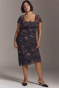 Maeve Puff-Sleeve Square-Neck Mesh Midi Dress