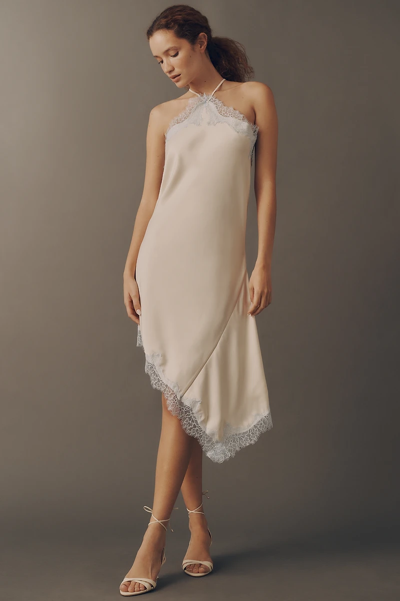 By Anthropologie Asymmetric Halter Lace Midi Dress