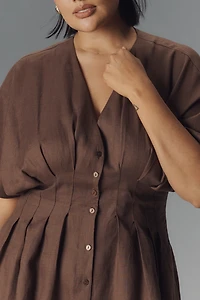 The Tobie Linen Pleated Mini Shirt Dress by Exquise