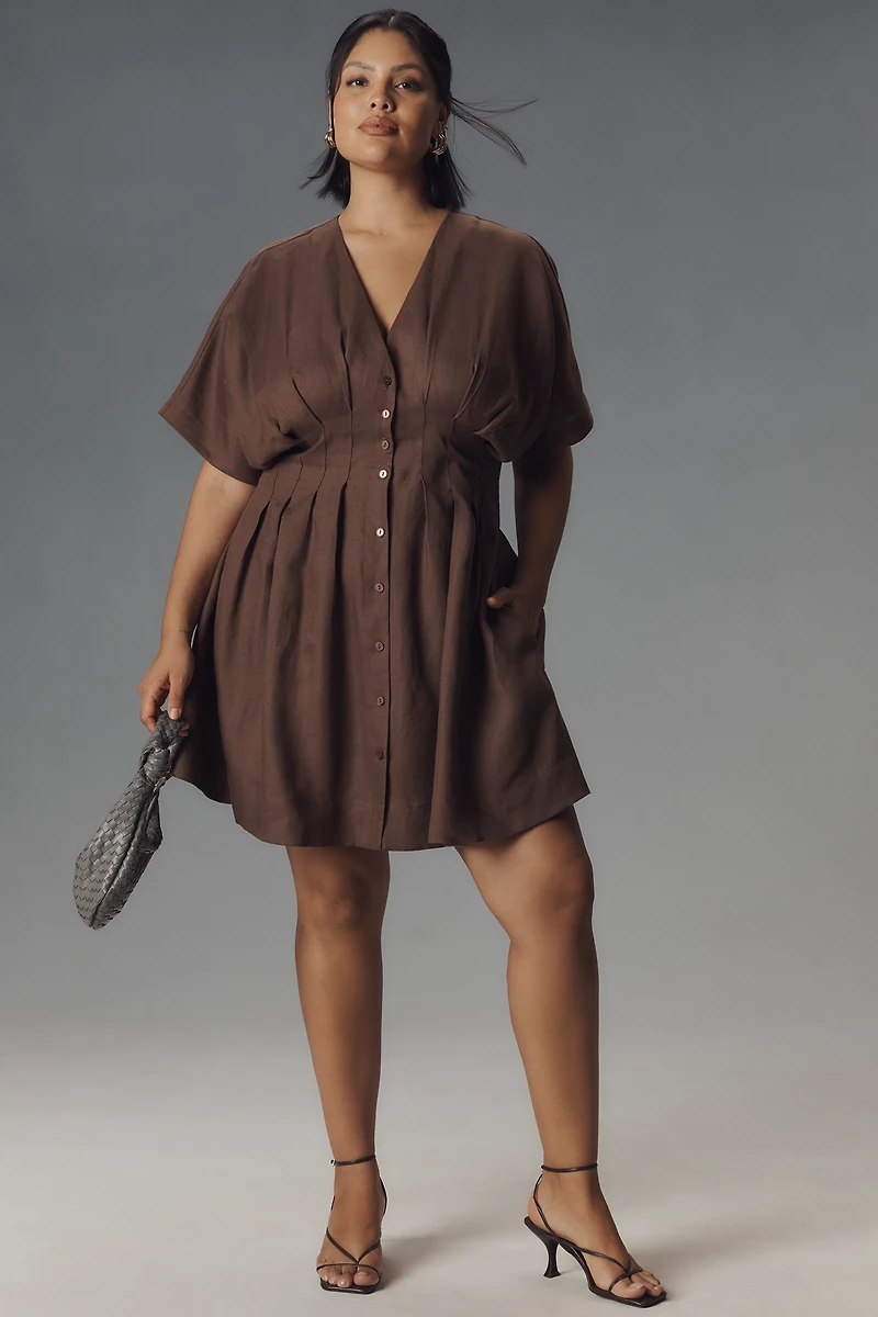 The Tobie Linen Pleated Mini Shirt Dress by Exquise