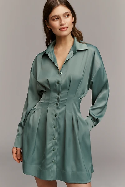 Tobie Long-Sleeve Satin Mini Shirt Dress by Exquise