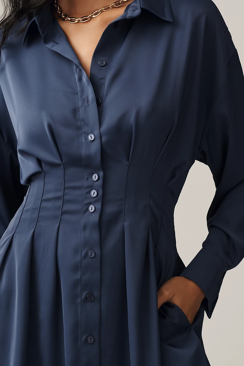 The Tobie Long-Sleeve Satin Mini Shirt Dress by Exquise