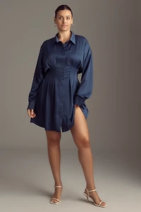 The Tobie Long-Sleeve Satin Mini Shirt Dress by Exquise