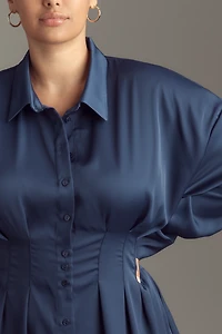 The Tobie Long-Sleeve Satin Mini Shirt Dress by Exquise