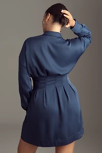 The Tobie Long-Sleeve Satin Mini Shirt Dress by Exquise