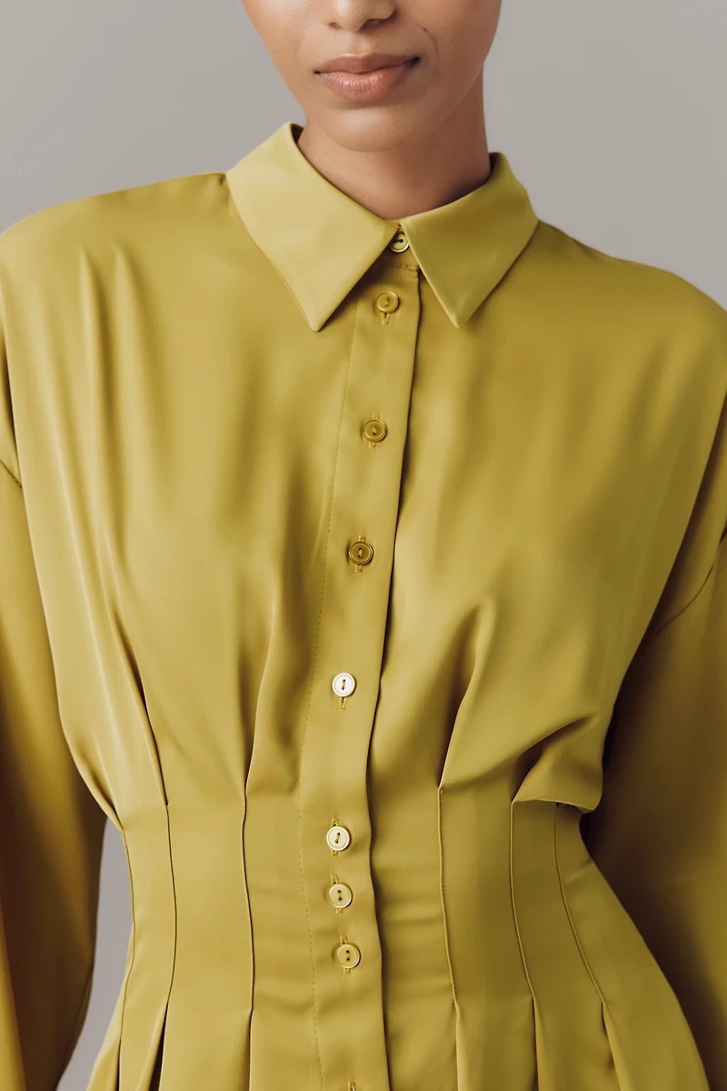 The Tobie Long-Sleeve Satin Mini Shirt Dress by Exquise
