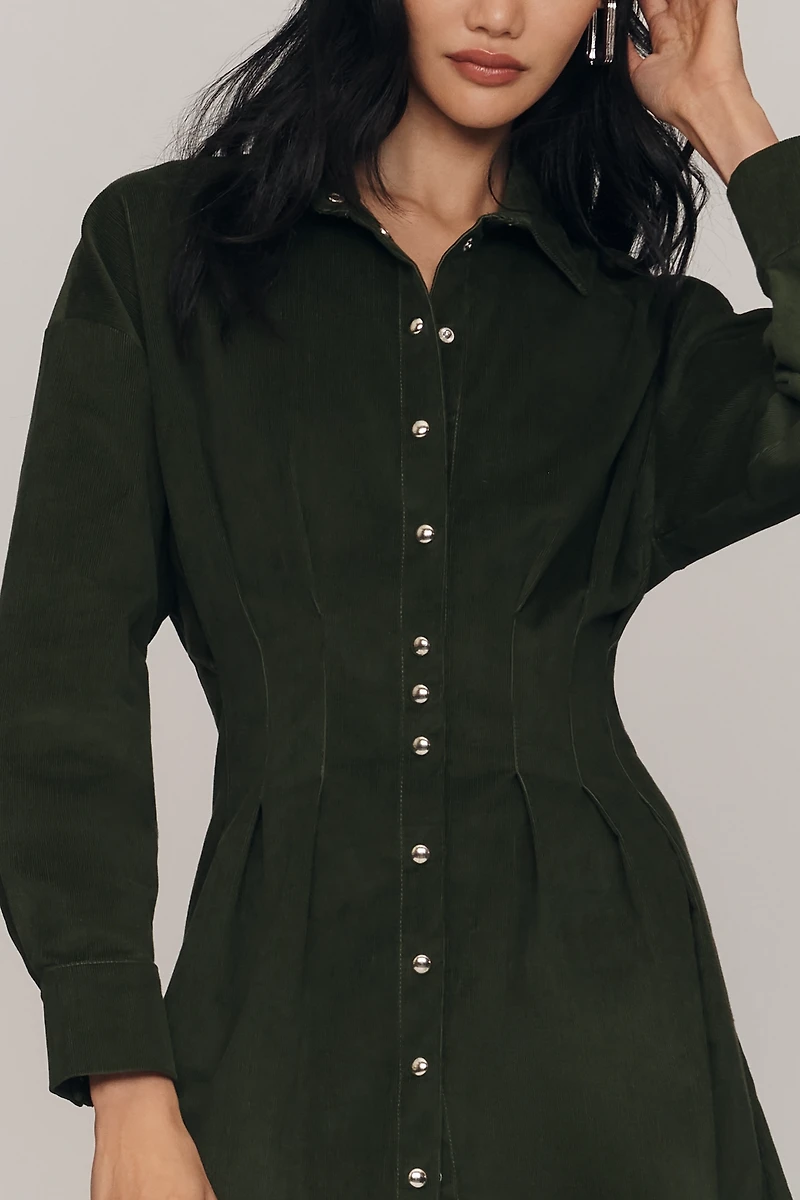 The Tobie Long-Sleeve Corduroy Mini Shirt Dress by Exquise