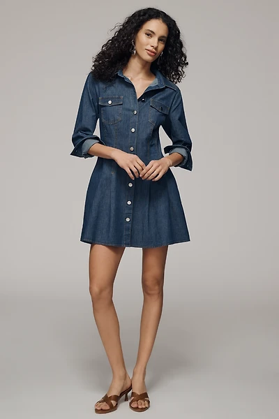 Exquise Long-Sleeve Waisted Denim Mini Shirt Dress