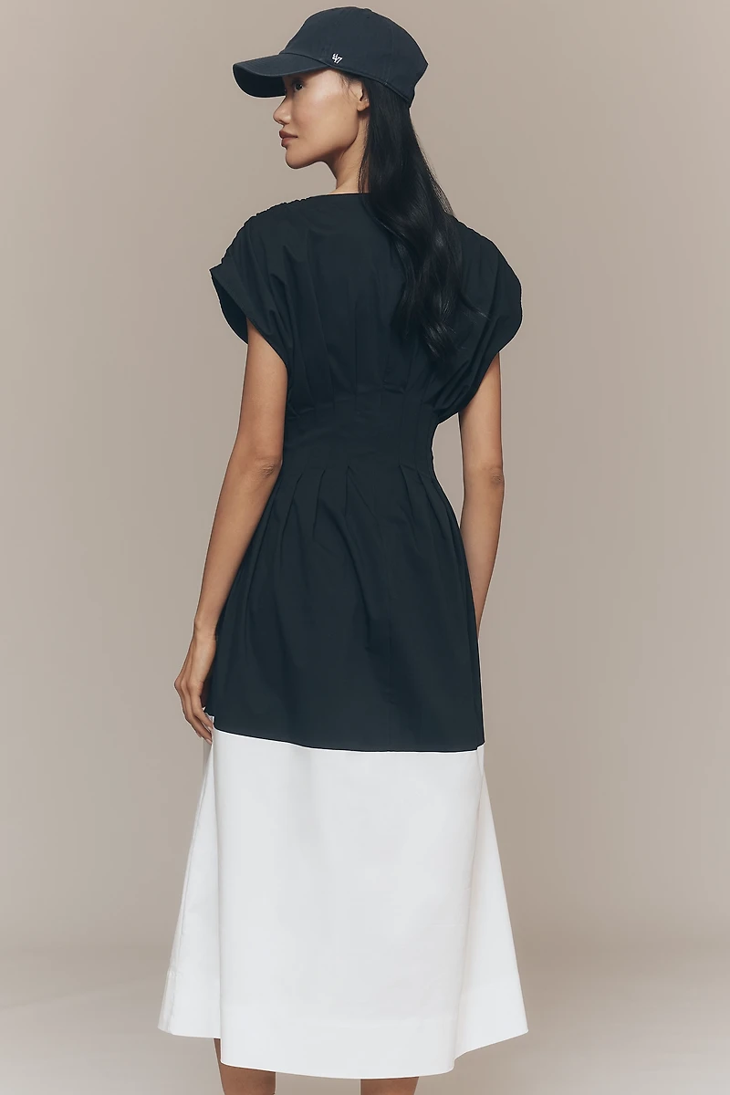 Exquise Pleated Short-Sleeve Twofer Midi Dress