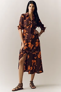 Exquise Long-Sleeve Satin Shirt Dress