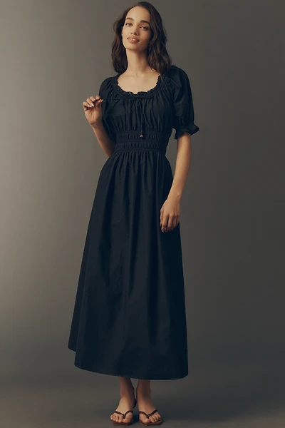 Exquise Smocked Puff Sleeve Midi Dress
