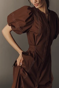 Exquise Stitched Puff-Sleeve Midi Dress