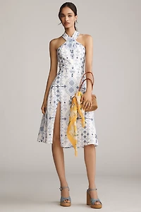 Dress The Population Astoria Halter Embroidered Midi