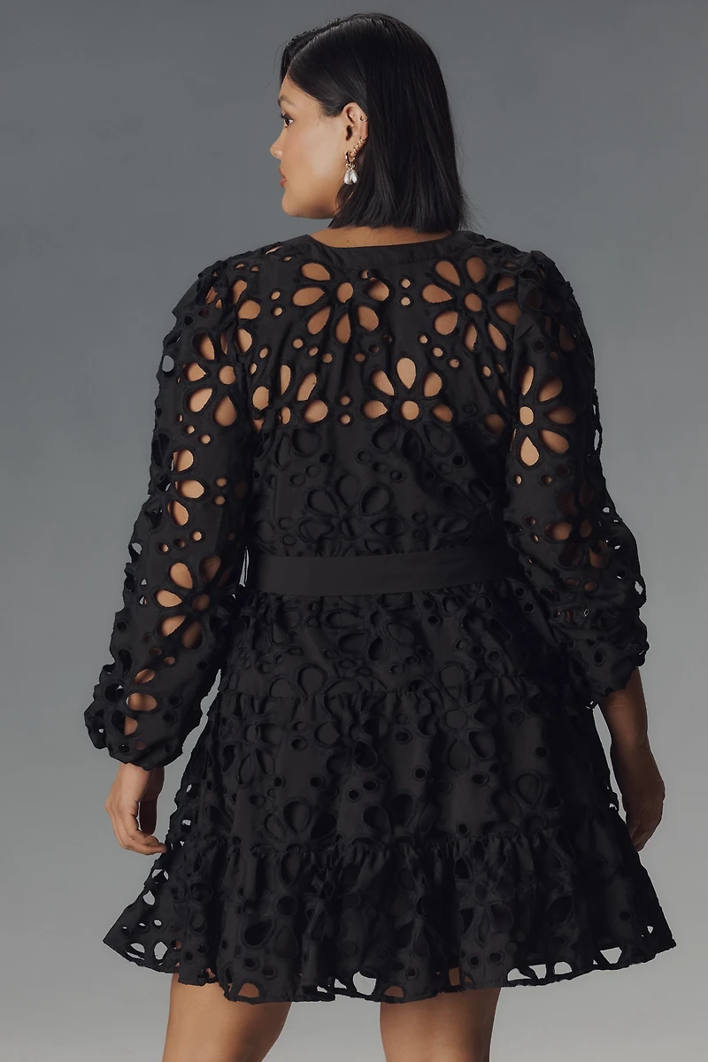 Eloquii Plus Long-Sleeve V-Neck Eyelet Wrap Mini Dress