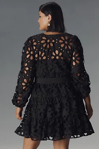 Eloquii Plus Long-Sleeve V-Neck Eyelet Wrap Mini Dress