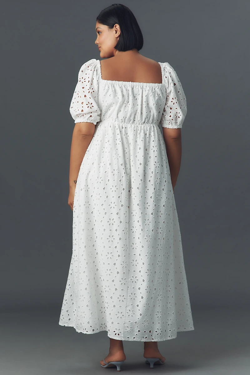 Eloquii Plus Short-Sleeve Tie-Neck Eyelet Maxi Dress