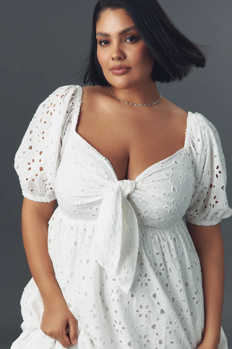 Eloquii Plus Short-Sleeve Tie-Neck Eyelet Maxi Dress