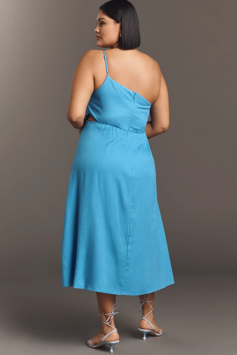 Eloquii Plus Linen Blend One-Shoulder Floral Appliqué Midi Dress
