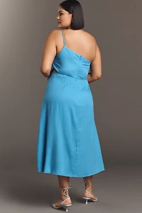 Eloquii Plus Linen Blend One-Shoulder Floral Appliqué Midi Dress