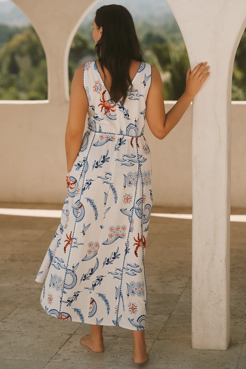 Eloquii Plus Linen Blend Roping Detail Printed Maxi Dress