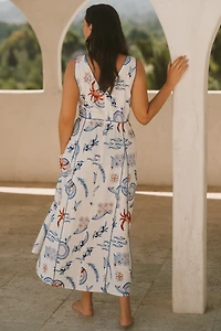 Eloquii Plus Linen Blend Roping Detail Printed Maxi Dress
