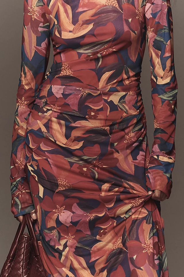 Farm Rio Long-Sleeve Mock-Neck Mesh Slim Midi Dress | The Summit