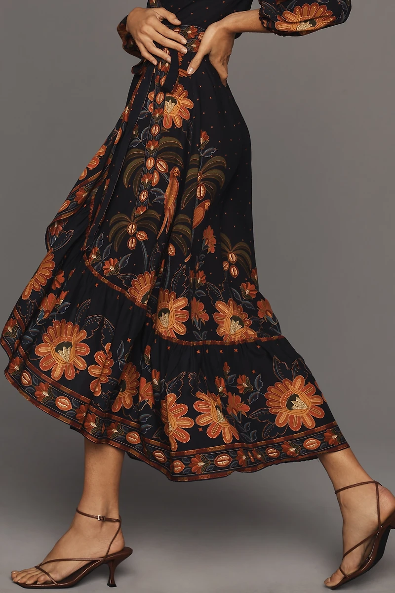 Farm Rio Long-Sleeve Floral Wrap Midi Dress