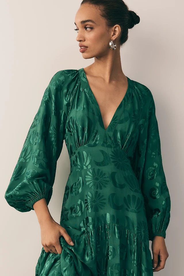 farm rio long sleeve v neck dress Off-White Sea Garden Ruffled Maxi Dress