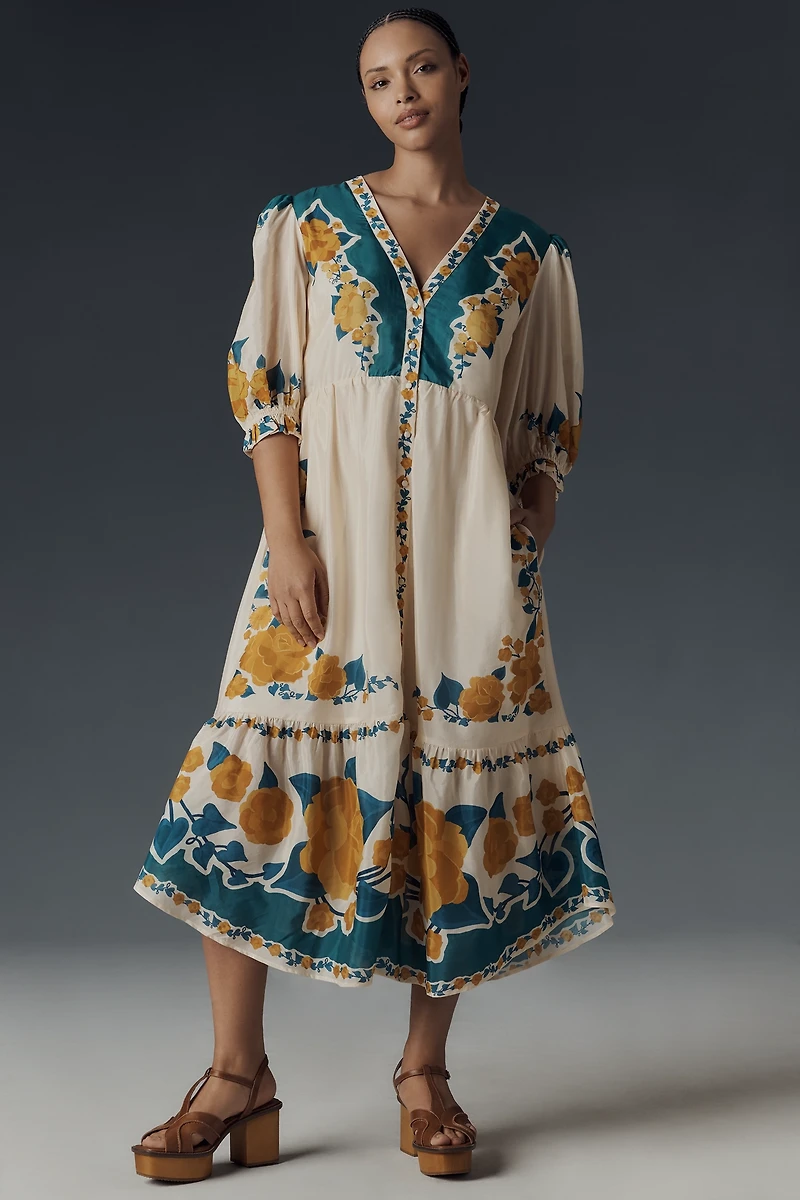 Farm Rio x Anthropologie Puff-Sleeve Printed Midi Dress
