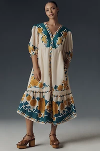 Farm Rio x Anthropologie Puff-Sleeve Printed Midi Dress
