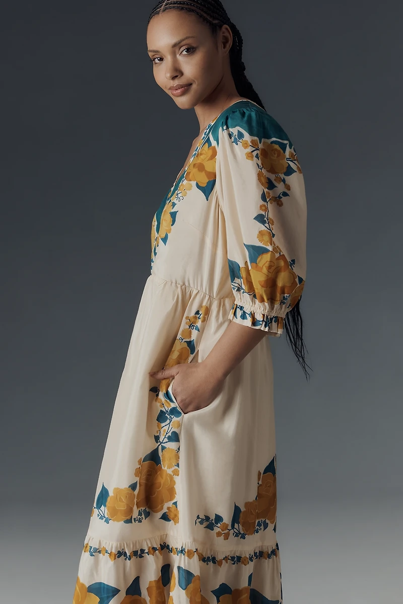 Farm Rio x Anthropologie Puff-Sleeve Printed Midi Dress
