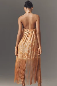 Farm Rio x Anthropologie Halter Fringe Satin Mini Dress