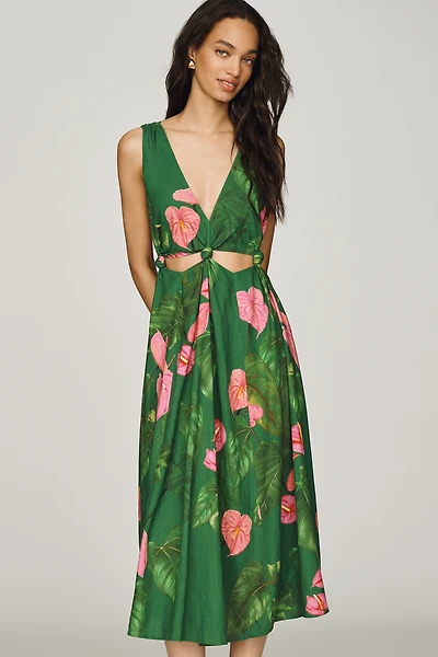 Farm Rio x Anthropologie Linen Blend V-Neck Cutout Midi Dress
