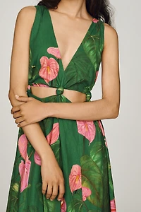 Farm Rio x Anthropologie Linen Blend V-Neck Cutout Midi Dress