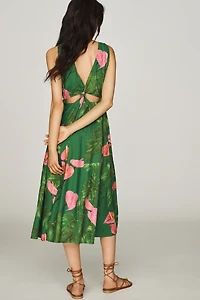 Farm Rio x Anthropologie Linen Blend V-Neck Cutout Midi Dress