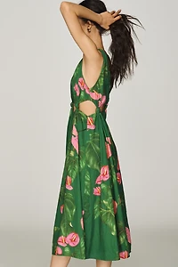 Farm Rio x Anthropologie Linen Blend V-Neck Cutout Midi Dress