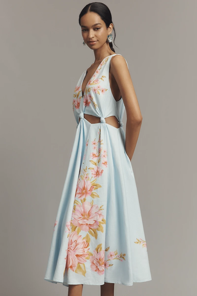 Farm Rio x Anthropologie Linen Blend V-Neck Cutout Midi Dress