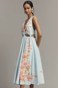 Farm Rio x Anthropologie Linen Blend V-Neck Cutout Midi Dress