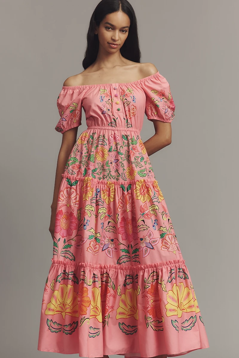 Farm Rio x Anthropologie Tiered Puff-Sleeve Midi Dress