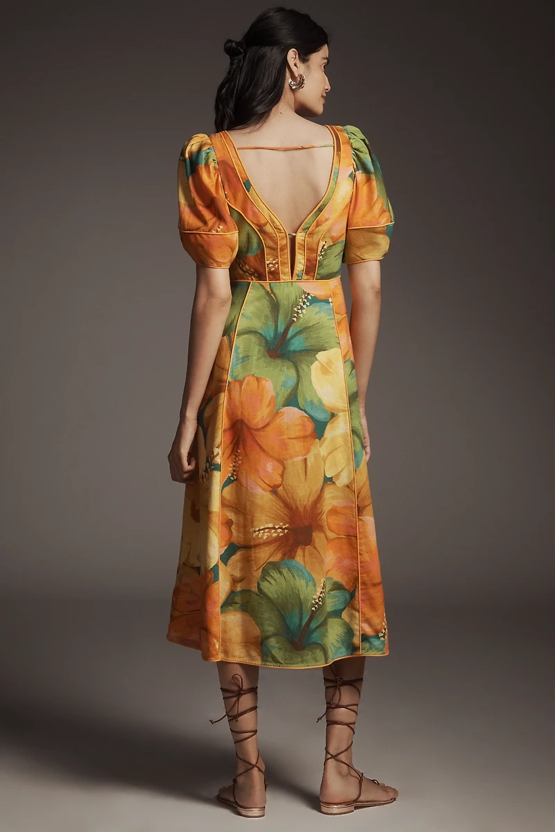 Farm Rio x Anthropologie Linen Blend Short-Sleeve Cutout Printed Midi Dress
