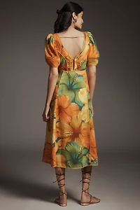 Farm Rio x Anthropologie Linen Blend Short-Sleeve Cutout Printed Midi Dress