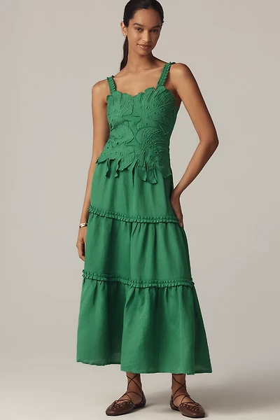 Farm Rio x Anthropologie Linen Blend Tiered Midi Dress