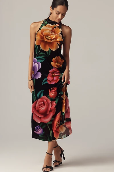 Farm Rio x Anthropologie Mock-Neck Printed Velvet Midi Dress