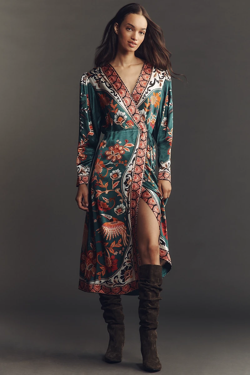 Farm Rio x Anthropologie Long-Sleeve Printed Wrap Midi Dress