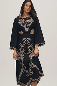 Farm Rio x Anthropologie Long-Sleeve Cutout Embroidered Midi Dress