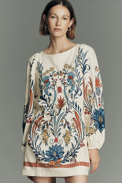 Farm Rio x Anthropologie Linen Blend Long-Sleeve Mini Dress